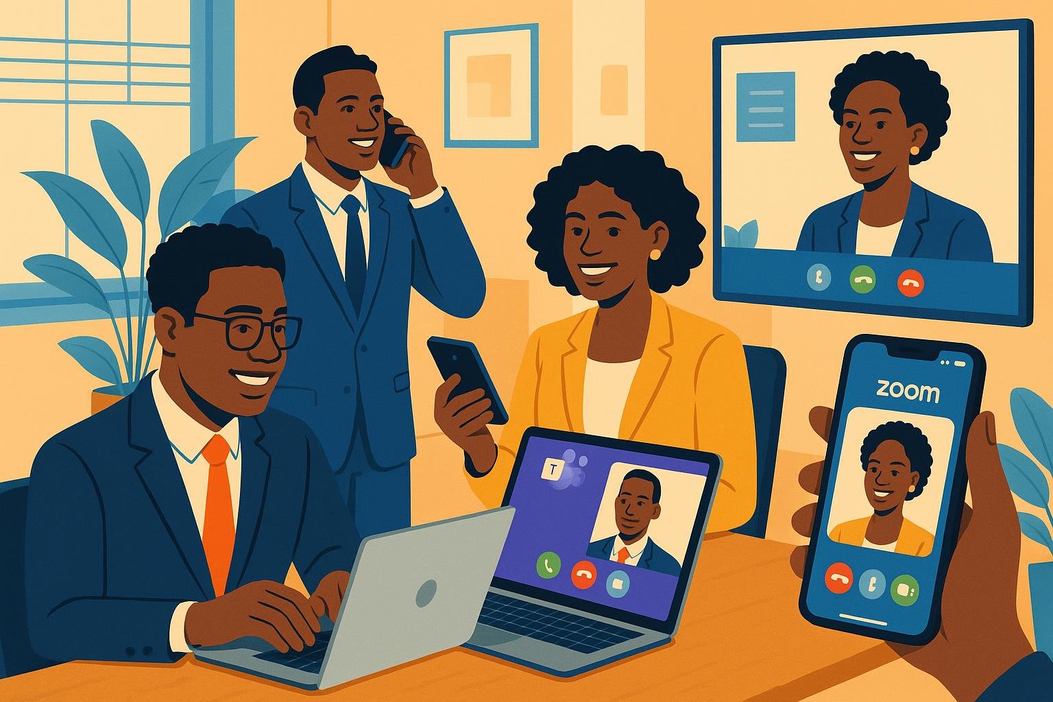 African professionals using Teams and Zoom for business communication